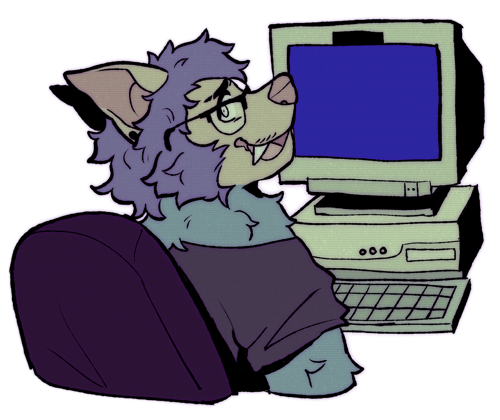 Drawn art of my fursona sitting infront of an old CRT computer monitor looking backwards at the camera with a nervous smile.